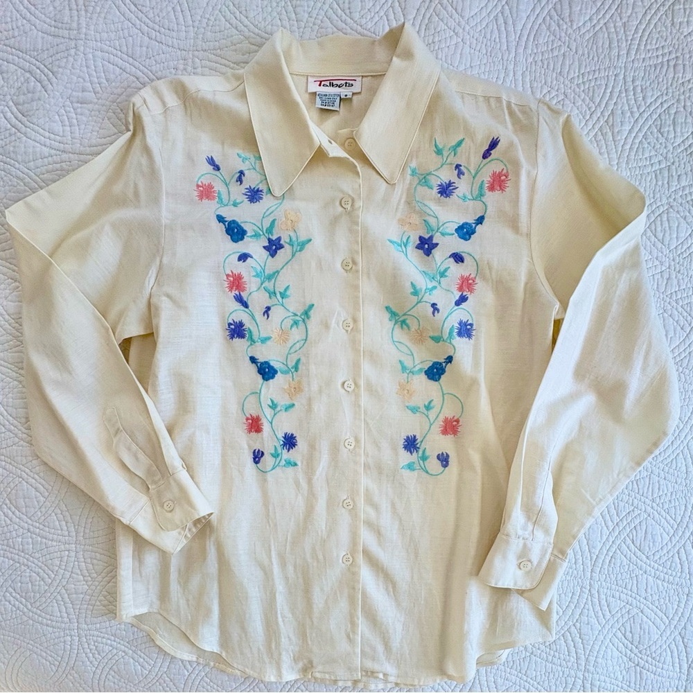 Linen Vintage Floral Embroidered Linen & Cotton Size 8 pastel Yellow Talbots